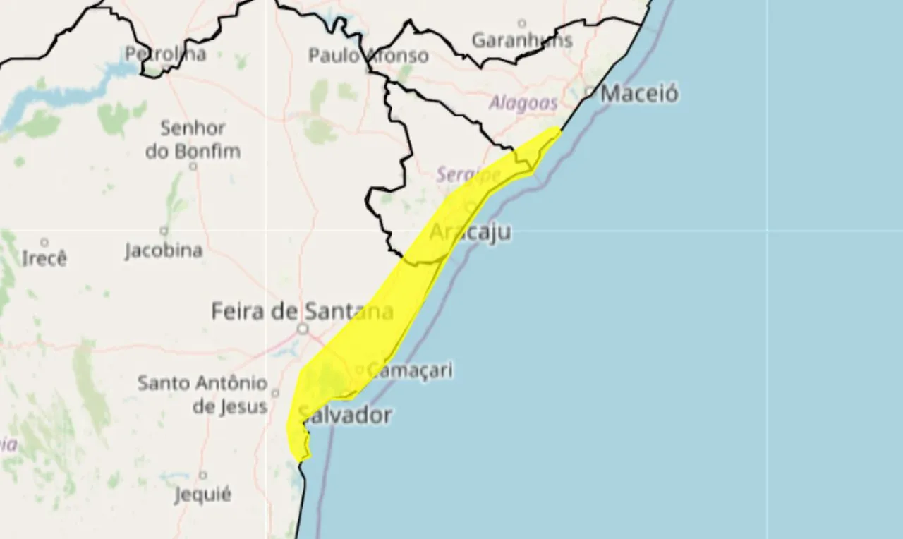 o mapa mostra as &aacute;reas em alerta para chuva intensa
